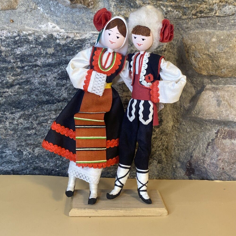 Vintage Balkan Bulgarian Folk Art Dolls Couple • Handmade Fabric Souvenir 1960s